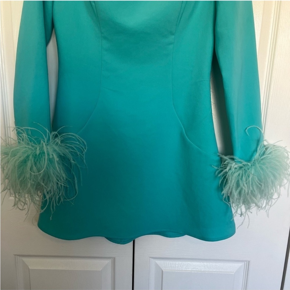NWOT Teal Jovani Mini Dress with Feather Cuffs Size 8 - Picture 3 of 6